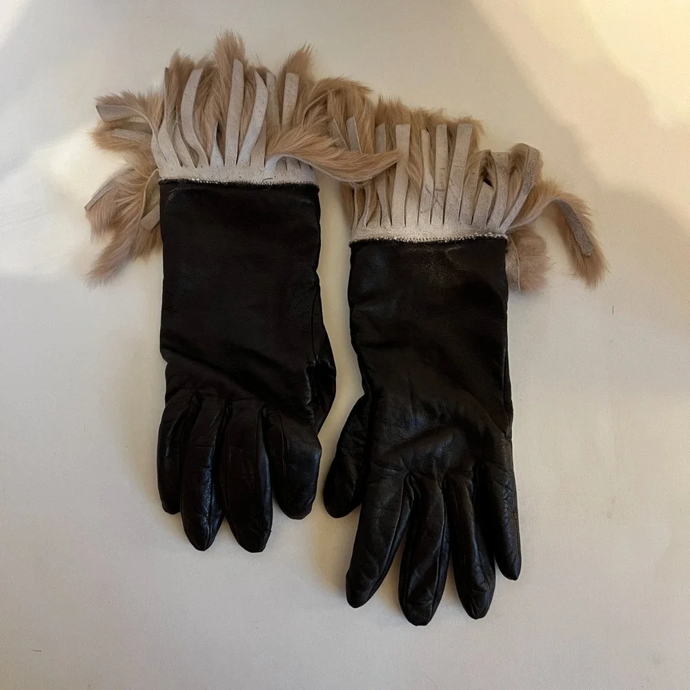 Portolano Brown Italian Leather Gloves Fur Cuff Cashmere Lined Women's Size 6.5